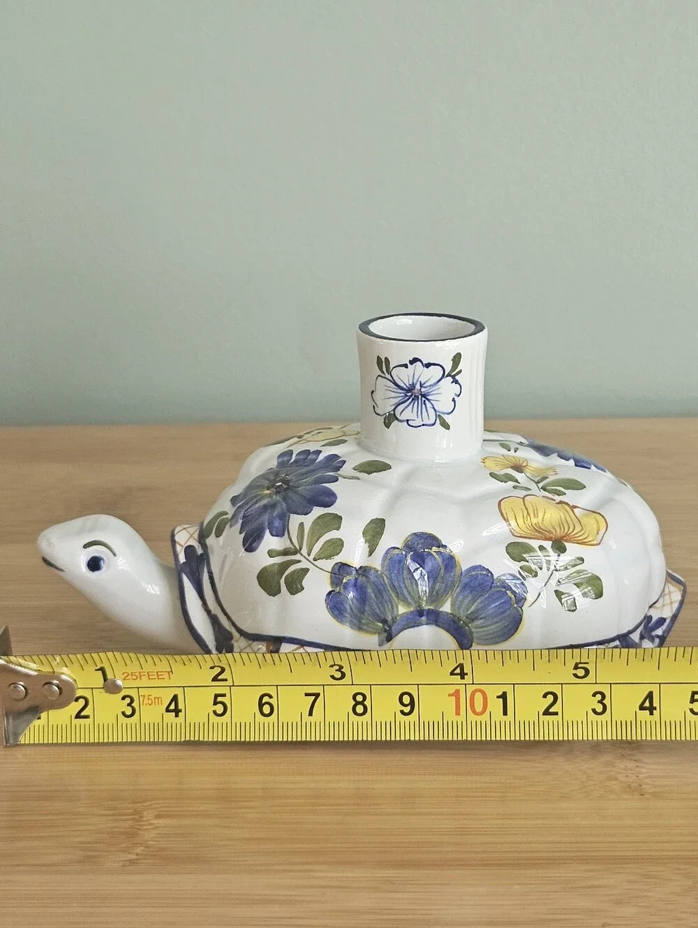 Made in Italy Hand Painted Ceramic Turtle Candle Holder Floral Glossy Finish VTG